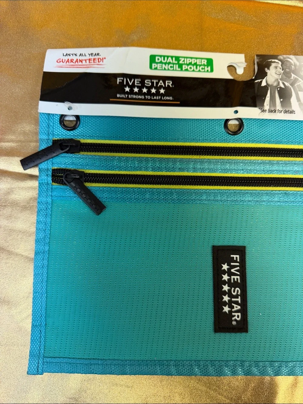 Five Star Teal Dual-Zipper Pencil Pouch with Yellow Accents